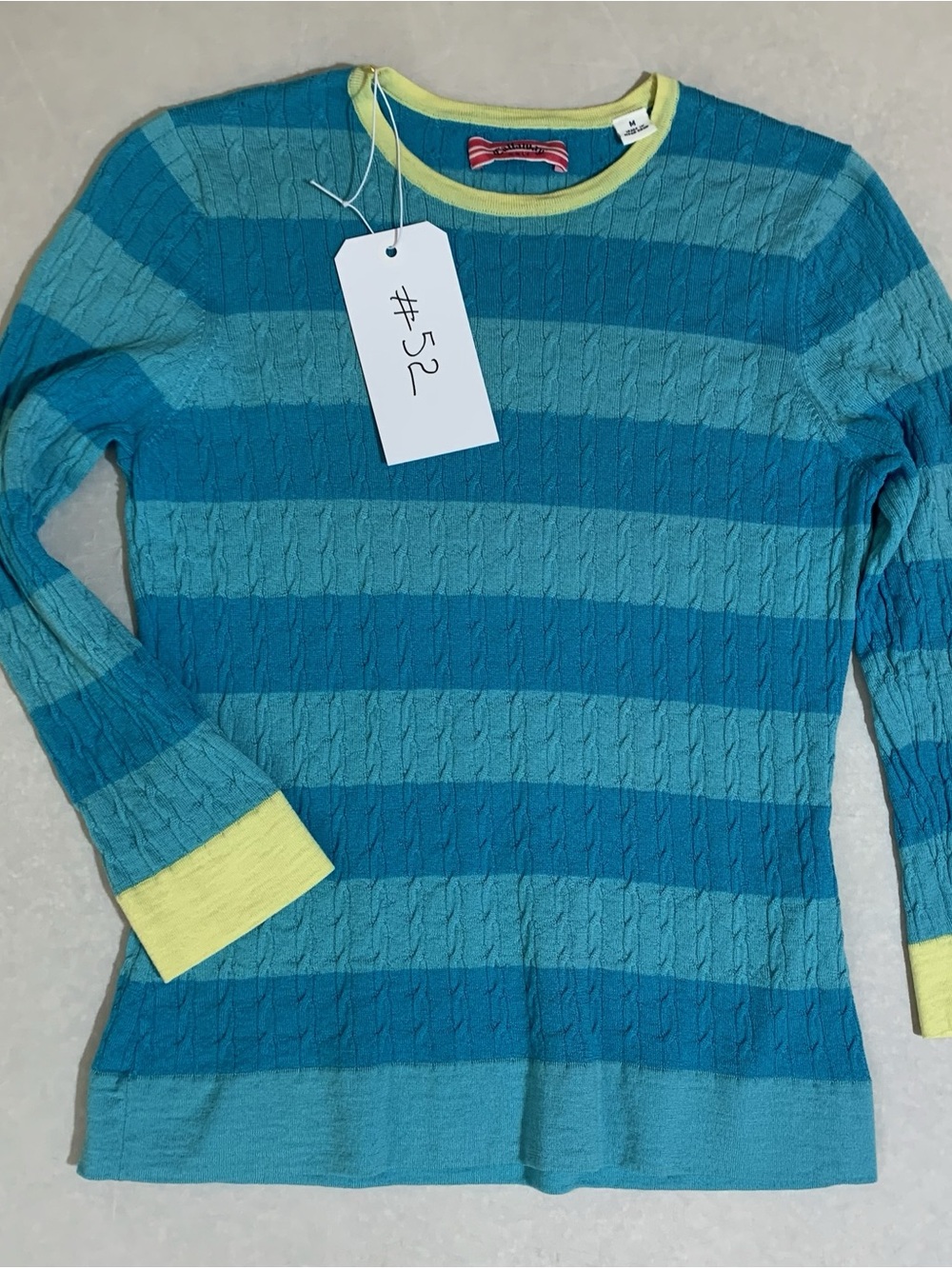 Callaway Golf Striped Cable-Knit Crew Sweater in Teal & Aqua with Yellow Trim